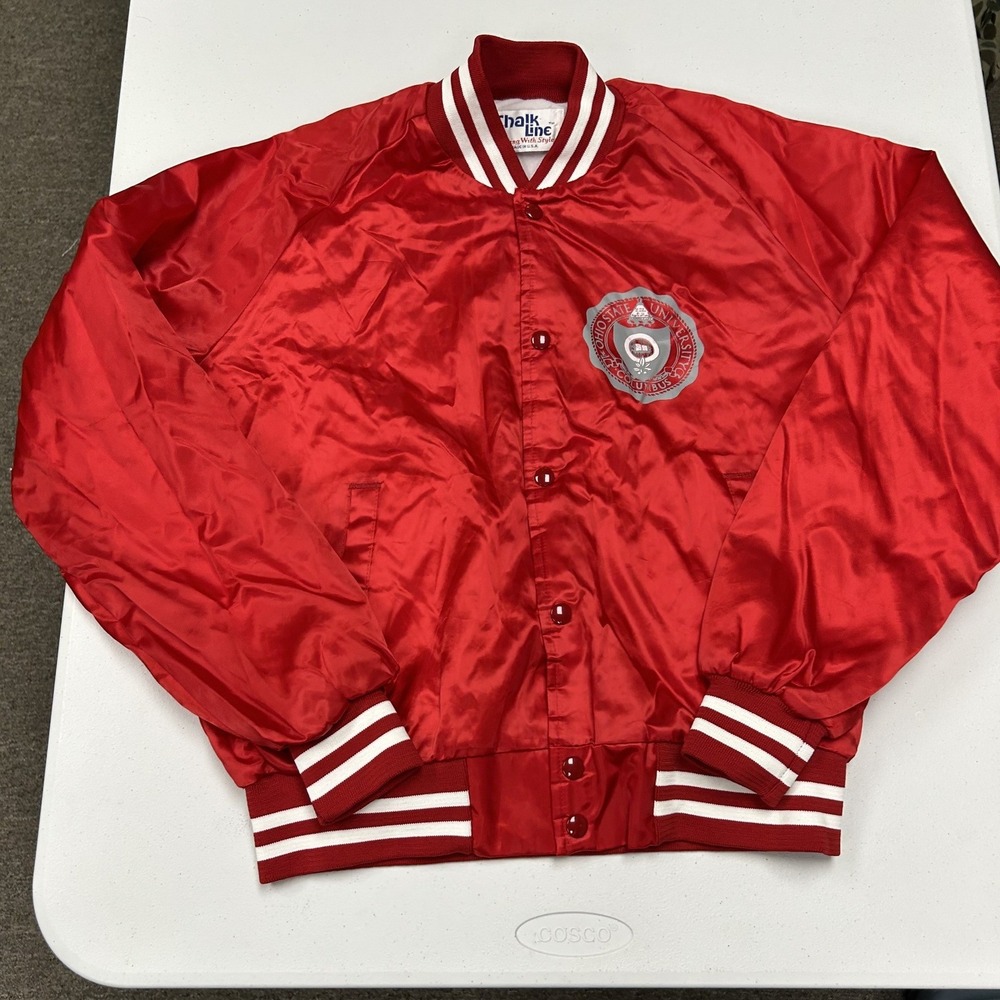 80s Chalk Line Varsity Jacket Men L Red Excellent Ohio State Buckeyes Satin Snap